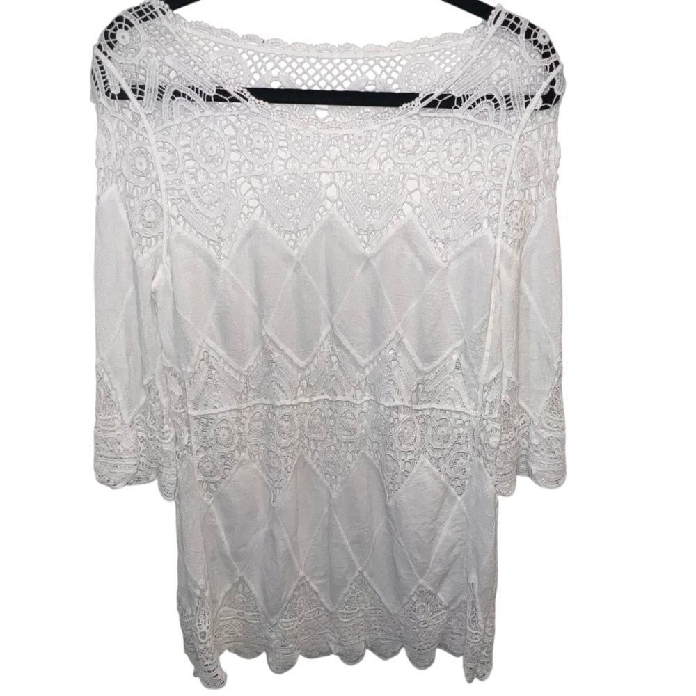 Euc Made In Italy Crocheted White Cotton Top Boho Lace Size Small 3/4 Sleeve